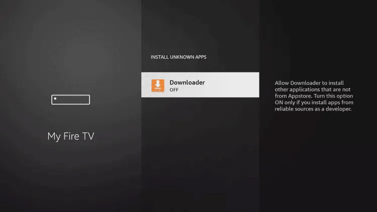 Install unknown apps list showing Downloader set to OFF