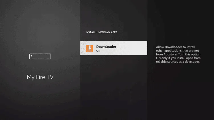Install unknown apps list showing Downloader switched to ON
