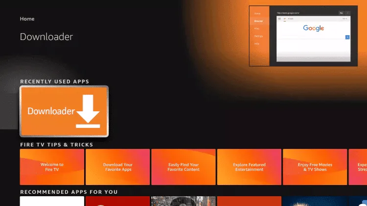 Fire TV home screen with Downloader in the recently used apps row