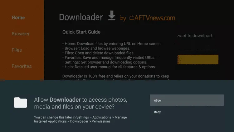 Downloader permission prompt asking to allow access to media and files
