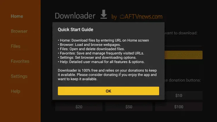 Downloader Quick Start guide pop-up with the OK button