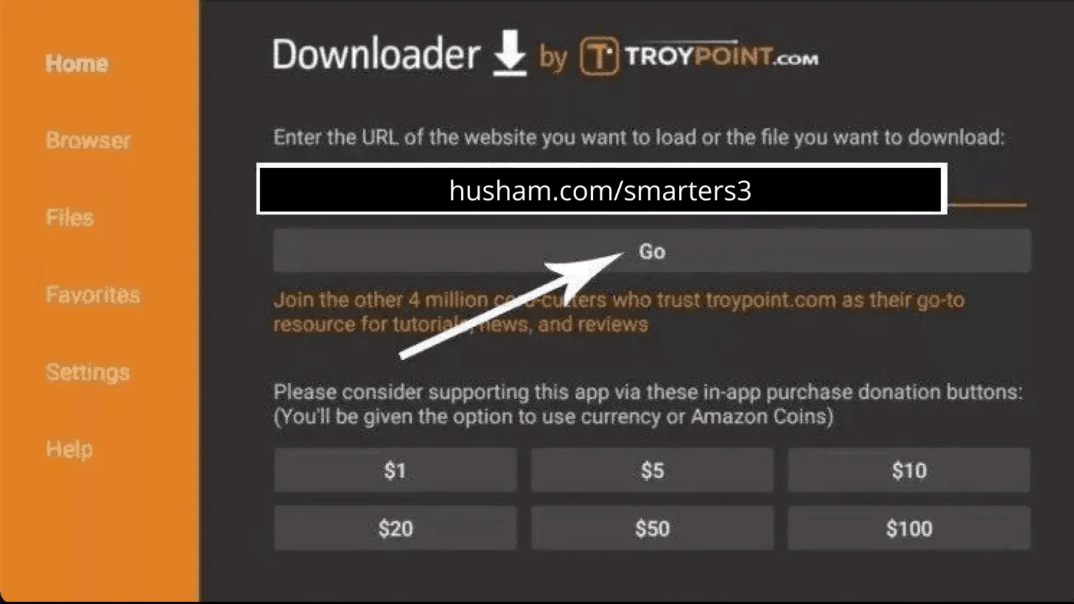 Downloader URL box with a download address entered and the Go button