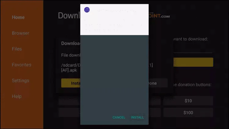 Android install prompt for the downloaded player APK with the Install button
