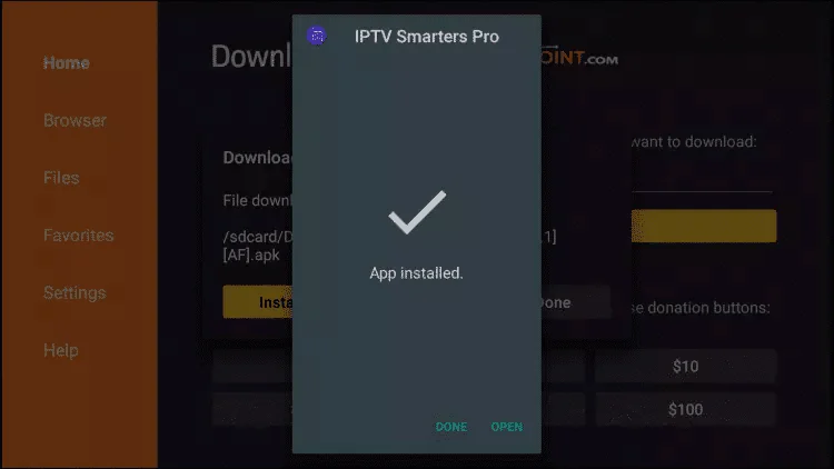 App installed confirmation for IPTV Smarters Pro with Done and Open buttons