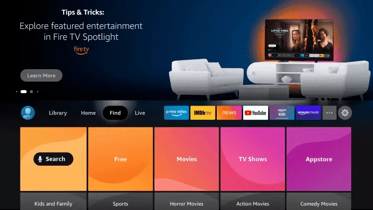 Amazon Fire TV Stick home screen showing the top menu and app rows