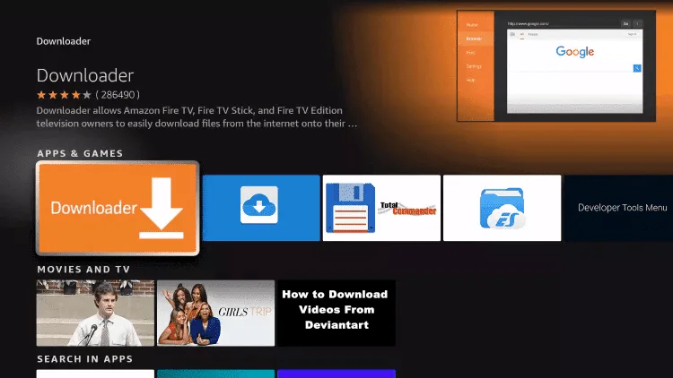 Search results showing the orange Downloader app icon selected
