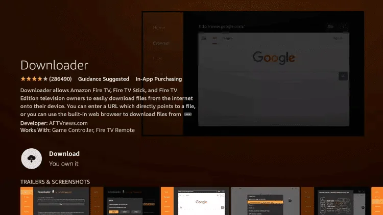 Downloader app detail page with the Download button