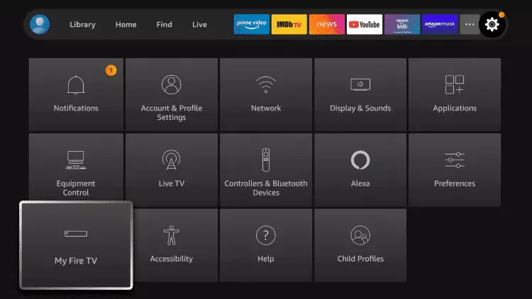 Fire TV Settings grid with the My Fire TV tile highlighted
