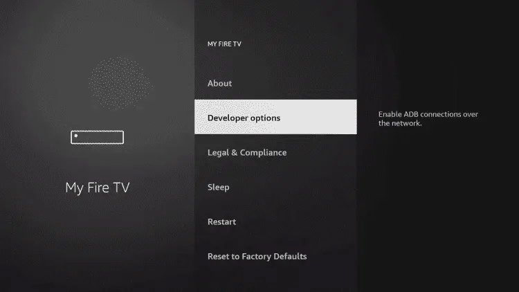 My Fire TV menu with Developer options highlighted