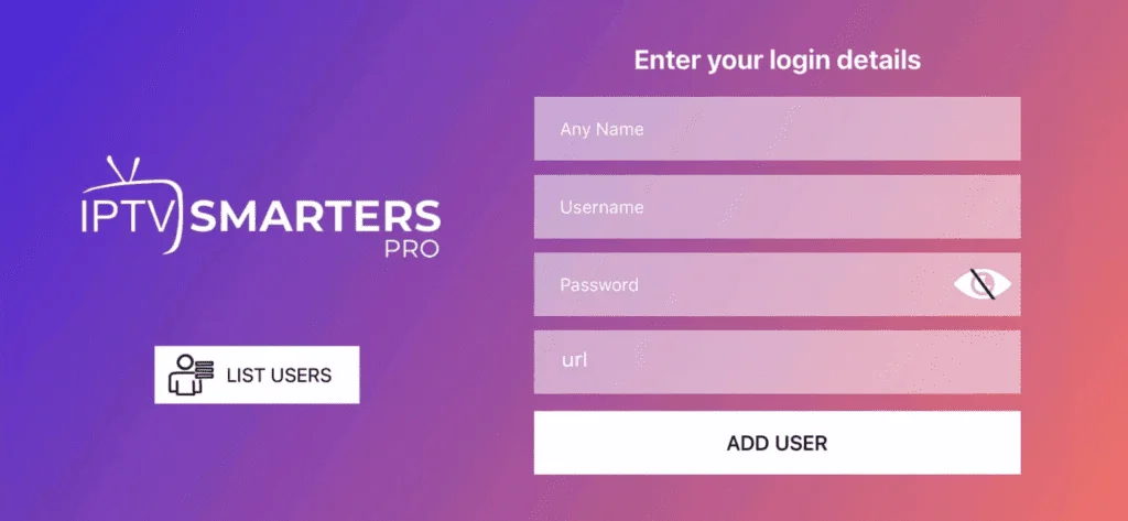 IPTV Smarters Pro login screen on iPhone with name, username, password and URL fields