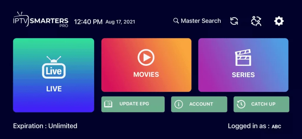 IPTV Smarters Pro home screen on iPhone showing Live, Movies and Series sections